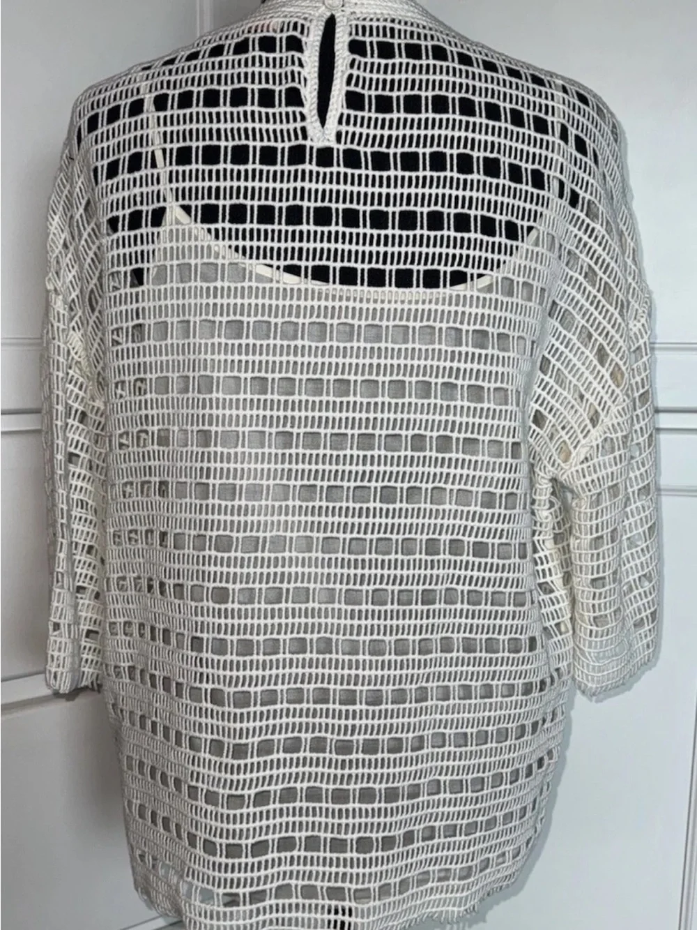 Tory Burch Open Knit Crochet Sweater M Ivory 100% Cotton 3/4 Sleeve Boho Coastal
